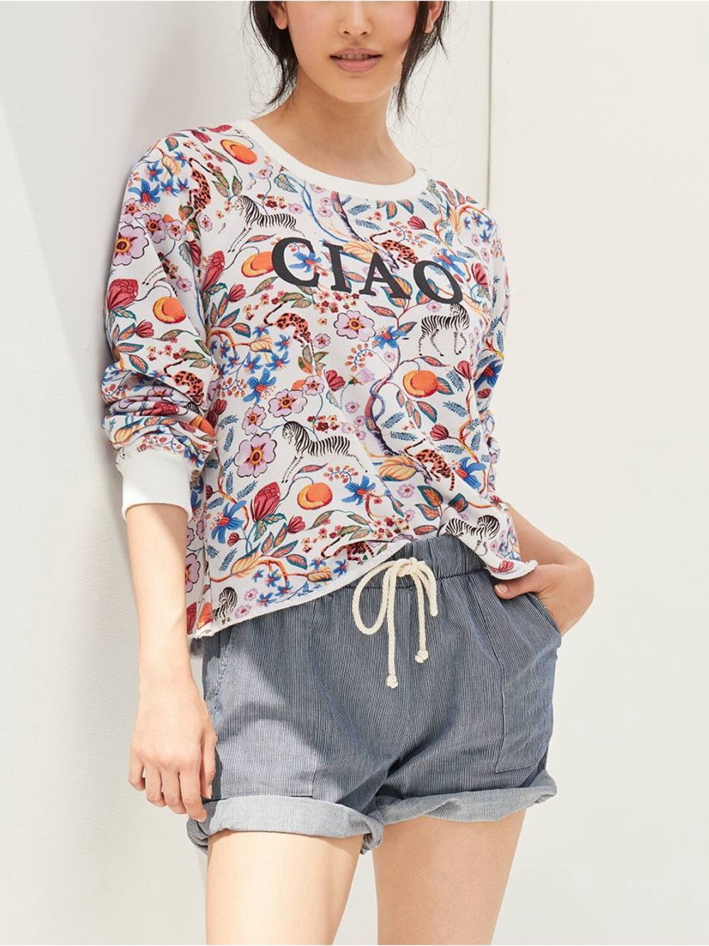 Anthropologie Maeve Floral Ciao Animal Tropical Print Crewneck Sweater Small